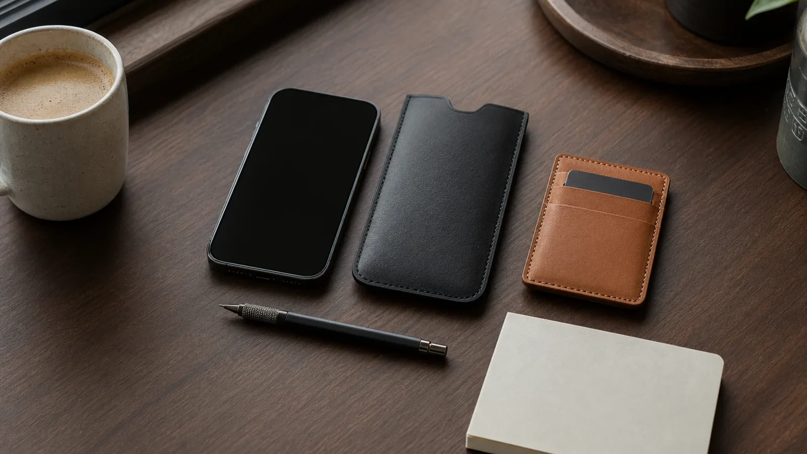 Smartphone, schwarze Lederhülle, Kartenetui und Notizbuch geordnet auf einem dunklen Holztisch