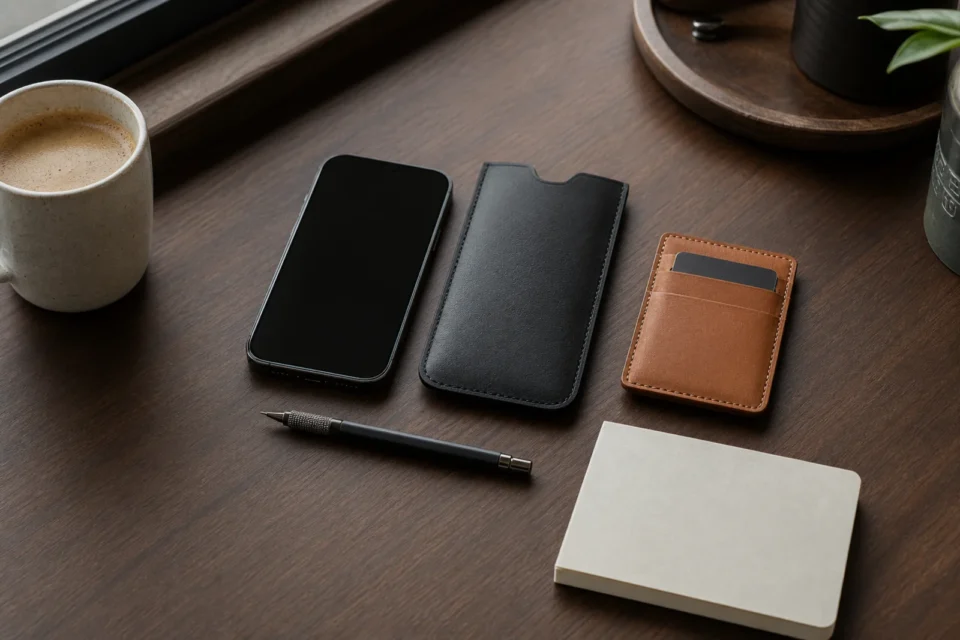 Smartphone, schwarze Lederhülle, Kartenetui und Notizbuch geordnet auf einem dunklen Holztisch